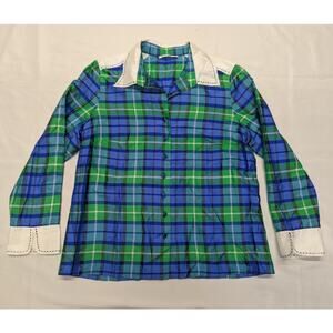 Marisa Baratelli Thai Silk Blue & Green Plaid Blouse Womens Size 12
